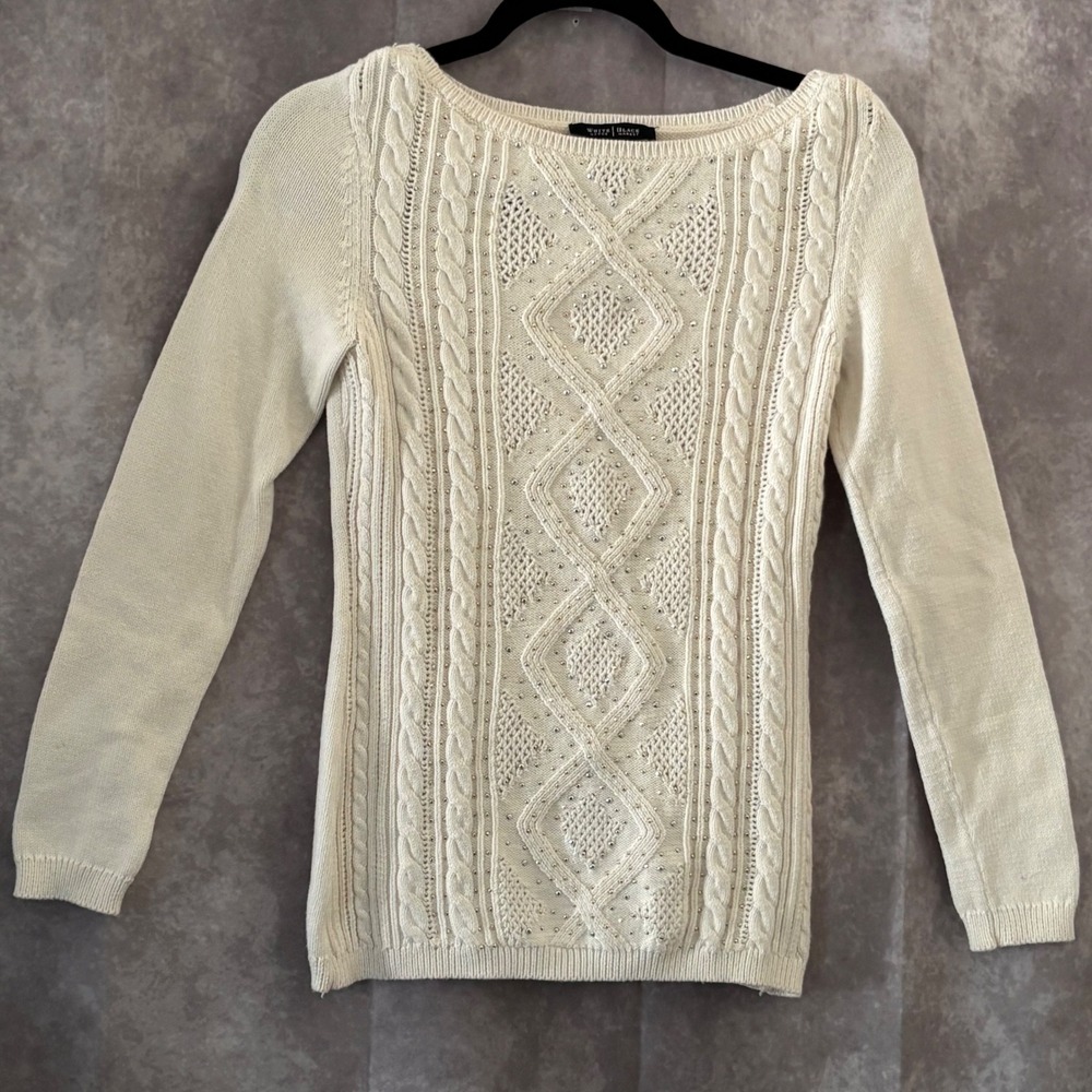 White House Black Market Silver Studded Cable Knit Sweater XS Cream Minimalist